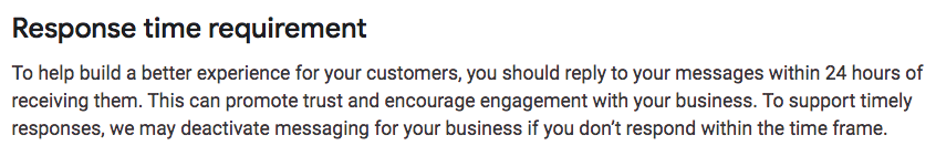 Excerpt from Google My Business Messaging Guidelines Regarding Response Time