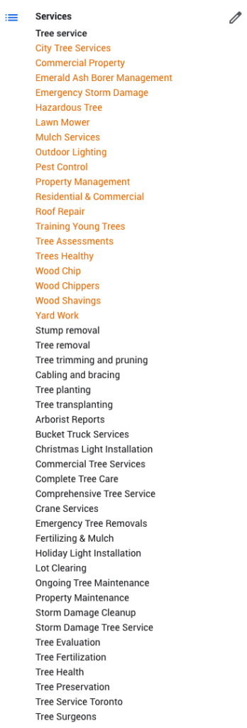 List of Services on Tree Service GMB Listing